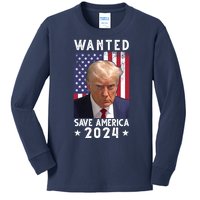 Wanted Save America 2024 Donald Trump USA Flag Kids Long Sleeve Shirt