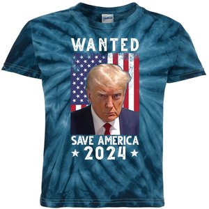 Wanted Save America 2024 Donald Trump USA Flag Kids Tie-Dye T-Shirt