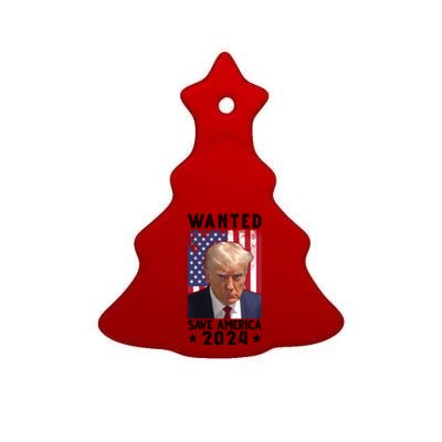 Wanted Save America 2024 Donald Trump USA Flag Ceramic Tree Ornament