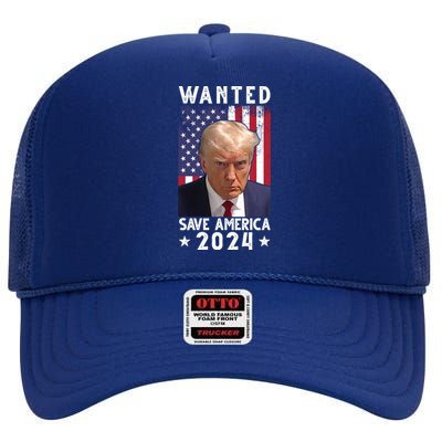 Wanted Save America 2024 Donald Trump USA Flag High Crown Mesh Back Trucker Hat