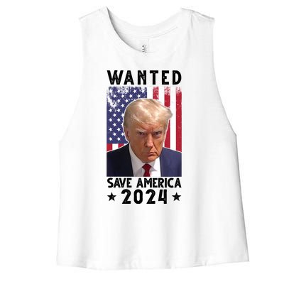 Wanted Save America 2024 Donald Trump USA Flag Women's Racerback Cropped Tank