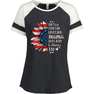 Womens Shes A Good Girl Loves Her Mama Jesus America Too Enza Ladies Jersey Colorblock Tee