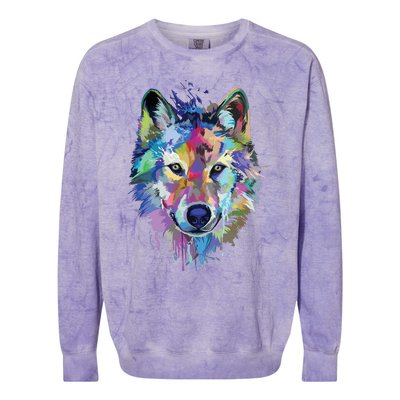 Wolf Splash Art Animal Face | Wolf Lover Colorblast Crewneck Sweatshirt