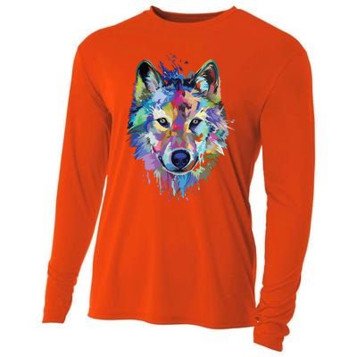 Wolf Splash Art Animal Face | Wolf Lover Cooling Performance Long Sleeve Crew