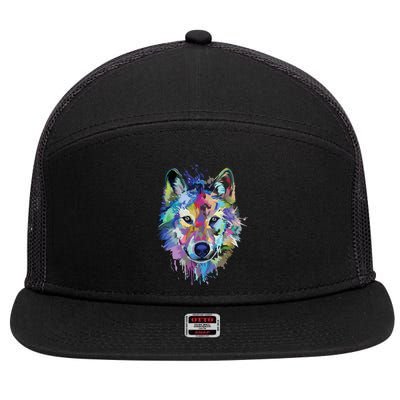 Wolf Splash Art Animal Face | Wolf Lover 7 Panel Mesh Trucker Snapback Hat