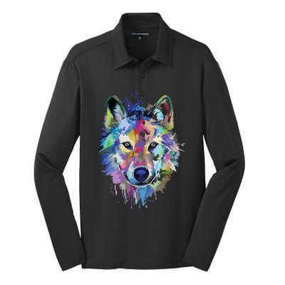 Wolf Splash Art Animal Face | Wolf Lover Silk Touch Performance Long Sleeve Polo