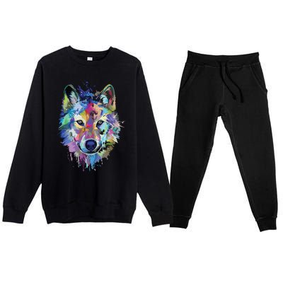 Wolf Splash Art Animal Face | Wolf Lover Premium Crewneck Sweatsuit Set