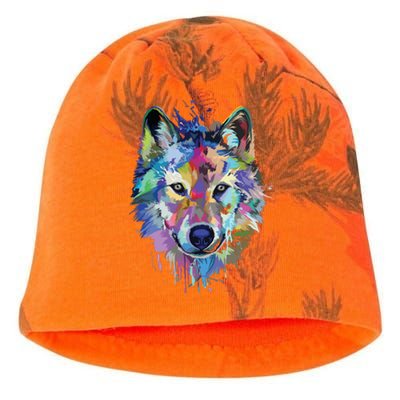 Wolf Splash Art Animal Face | Wolf Lover Kati - Camo Knit Beanie