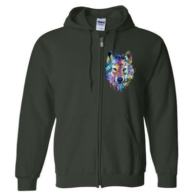 Wolf Splash Art Animal Face | Wolf Lover Full Zip Hoodie