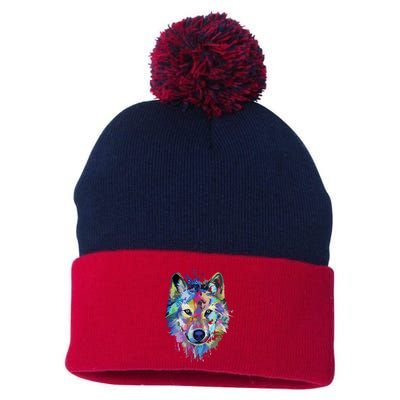 Wolf Splash Art Animal Face | Wolf Lover Pom Pom 12in Knit Beanie