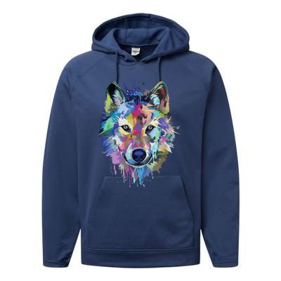 Wolf Splash Art Animal Face | Wolf Lover Performance Fleece Hoodie