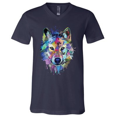 Wolf Splash Art Animal Face | Wolf Lover V-Neck T-Shirt