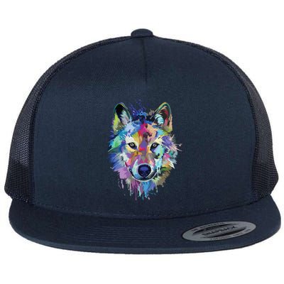 Wolf Splash Art Animal Face | Wolf Lover Flat Bill Trucker Hat