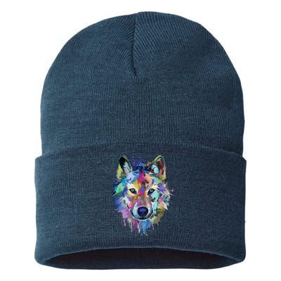 Wolf Splash Art Animal Face | Wolf Lover Sustainable Knit Beanie