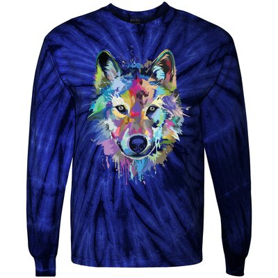 Wolf Splash Art Animal Face | Wolf Lover Tie-Dye Long Sleeve Shirt