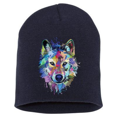 Wolf Splash Art Animal Face | Wolf Lover Short Acrylic Beanie