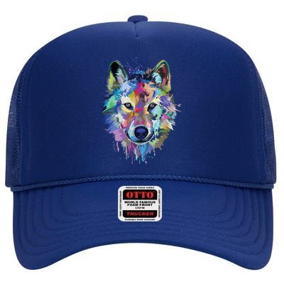 Wolf Splash Art Animal Face | Wolf Lover High Crown Mesh Back Trucker Hat