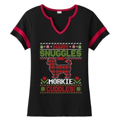 Warm Snuggles And Morkie Dog Cuddles Merry Christmas Mom Dad Gift Ladies Halftime Notch Neck Tee