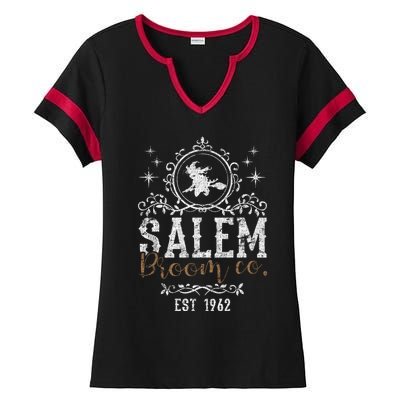 Witches Salem Broom Company Grunge Halloween S Witch Gift Ladies Halftime Notch Neck Tee