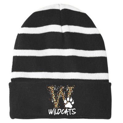 Wildcats Spirit Bold Letter W And Paw Striped Beanie with Solid Band