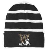 Wildcats Spirit Bold Letter W And Paw Print Striped Beanie with Solid Band