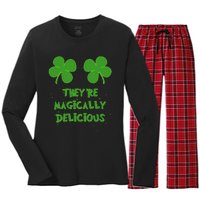 WoFunny Shamrock Boobs Saint St. Patrick's Paddys Day Irish Women's Long Sleeve Flannel Pajama Set 