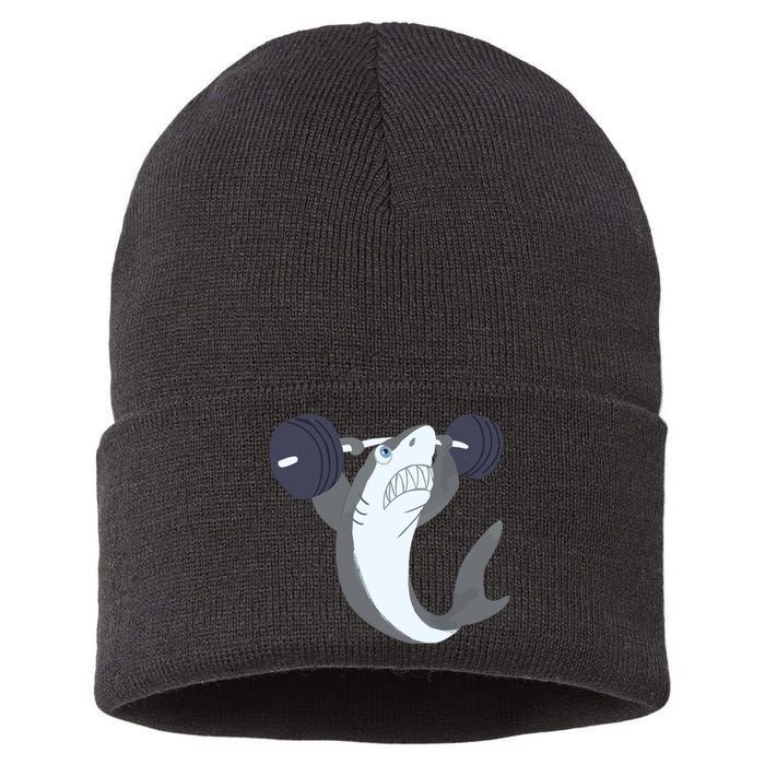 Weightlifing Shark Barbell Funny Workout Gym Weightlifter Sustainable Knit Beanie