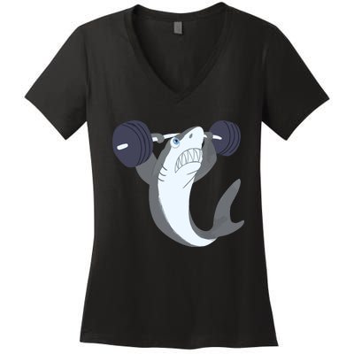 Weightlifing Shark Barbell Funny Workout Gym Weightlifter Women's V-Neck T-Shirt