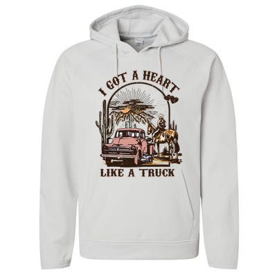 Western Sunset Cowgirl I Got A Heart Like A Truck Performance Fleece Hoodie