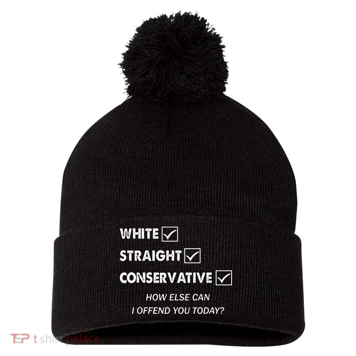 White Straight Conservative Pom Pom 12in Knit Beanie