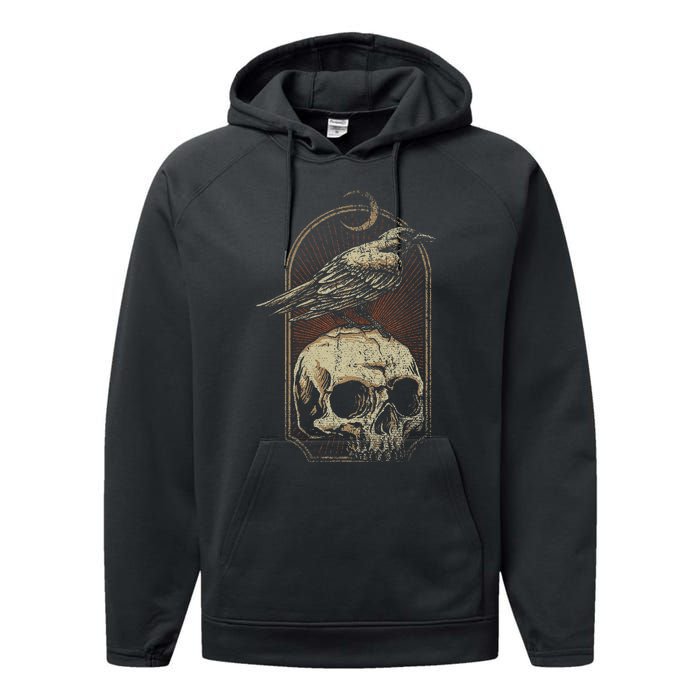 Witch Scary Crow Ghoulish Skull Moon Raven Performance Fleece Hoodie