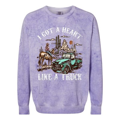 Western Sunset Cow I Got A Heart Like A Truck Vintage Colorblast Crewneck Sweatshirt