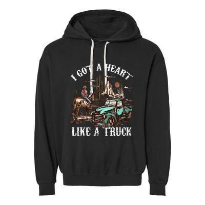 Western Sunset Cow I Got A Heart Like A Truck Vintage Garment-Dyed Fleece Hoodie