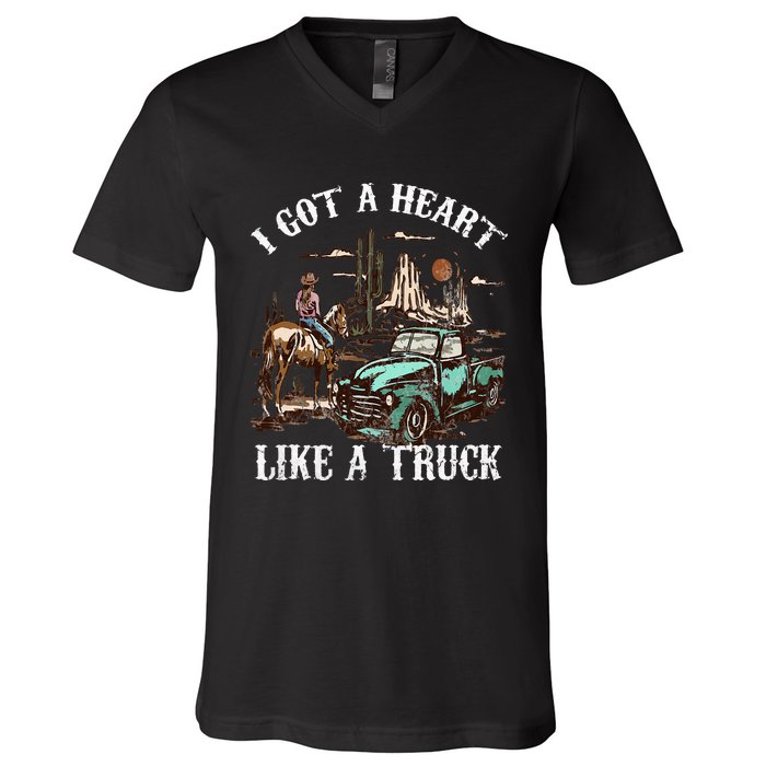 Western Sunset Cow I Got A Heart Like A Truck Vintage V-Neck T-Shirt