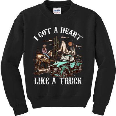 Western Sunset Cow I Got A Heart Like A Truck Vintage Kids Sweatshirt