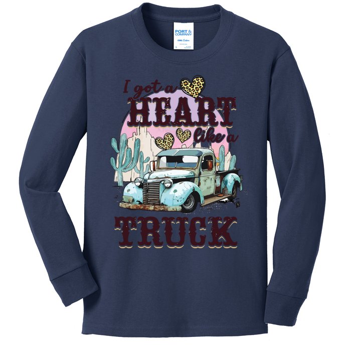 Western Sunset Cowgirl I Got A Heart Like A Truck Kids Long Sleeve Shirt