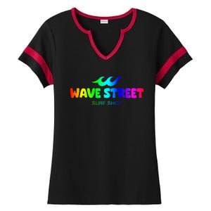 Wave Street Classic Rainbow Waves Beach Surf Shop Ladies Halftime Notch Neck Tee