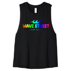 Wave Street Classic Rainbow Waves Beach Surf Shop Women's Racerback Cropped Tank