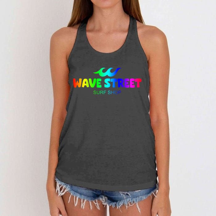 Wave Street Classic Rainbow Waves Beach Surf Shop Women's Knotted Racerback Tank