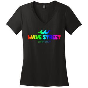 Wave Street Classic Rainbow Waves Beach Surf Shop Women's V-Neck T-Shirt