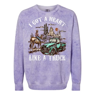 Western Sunset Cow I Got A Heart Like A Truck Vintage Colorblast Crewneck Sweatshirt