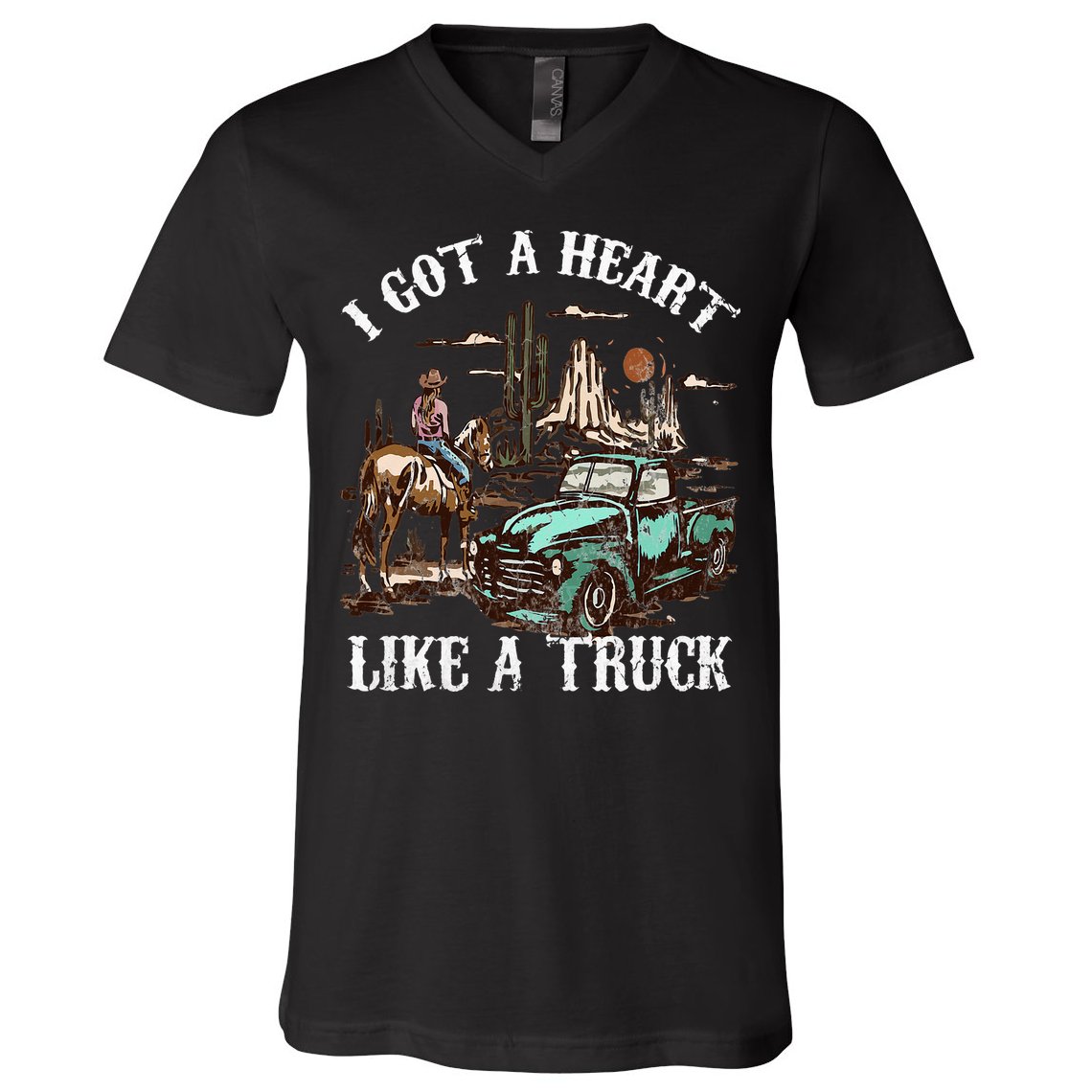 Western Sunset Cow I Got A Heart Like A Truck Vintage V-Neck T-Shirt