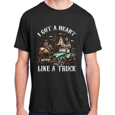 Western Sunset Cow I Got A Heart Like A Truck Vintage Adult ChromaSoft Performance T-Shirt