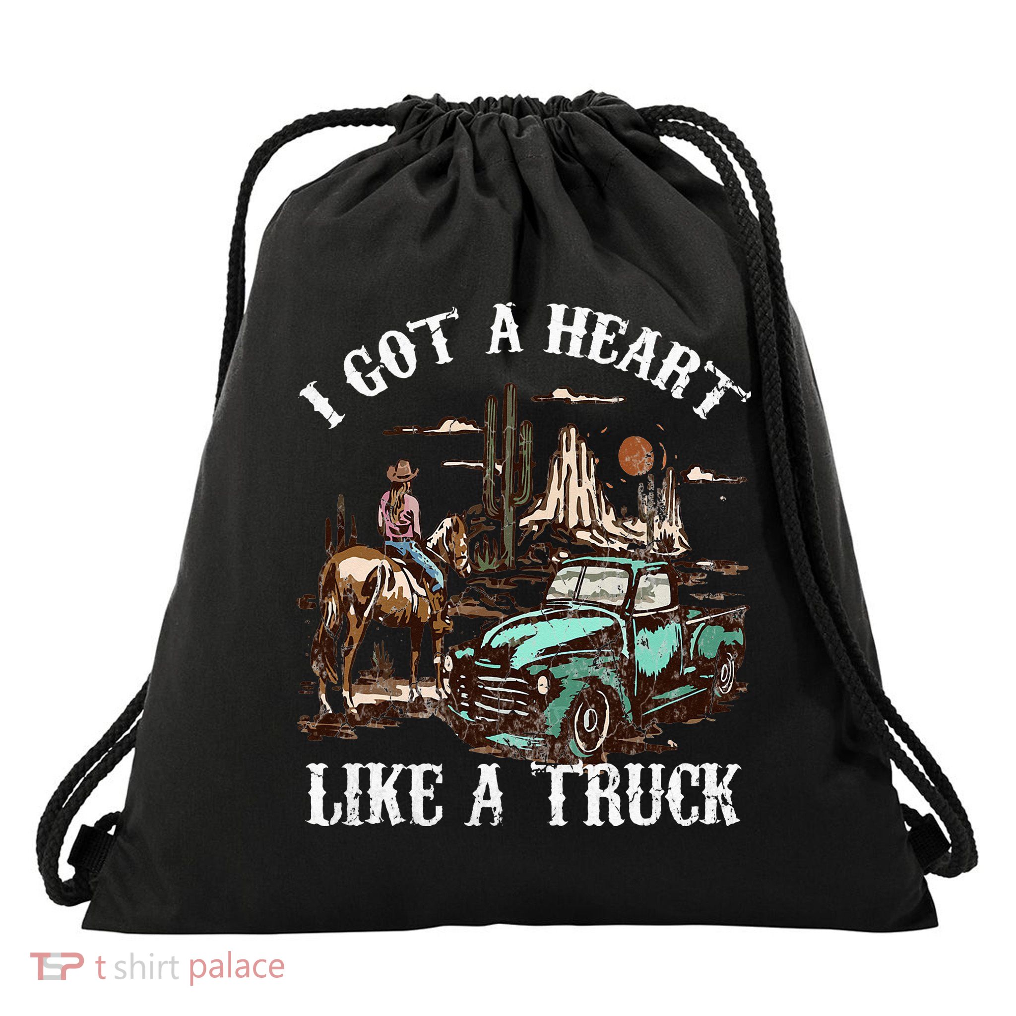 Western Sunset Cow I Got A Heart Like A Truck Vintage Drawstring Bag