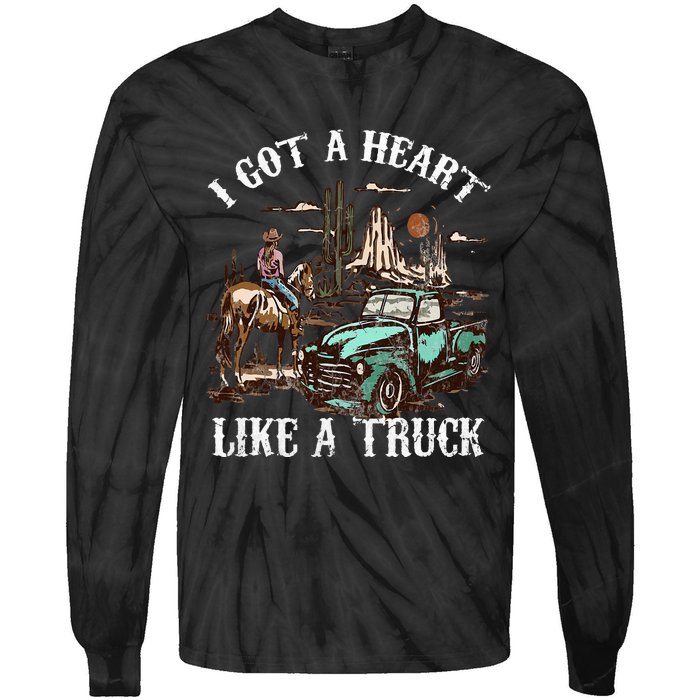 Western Sunset Cow I Got A Heart Like A Truck Vintage Tie-Dye Long Sleeve Shirt