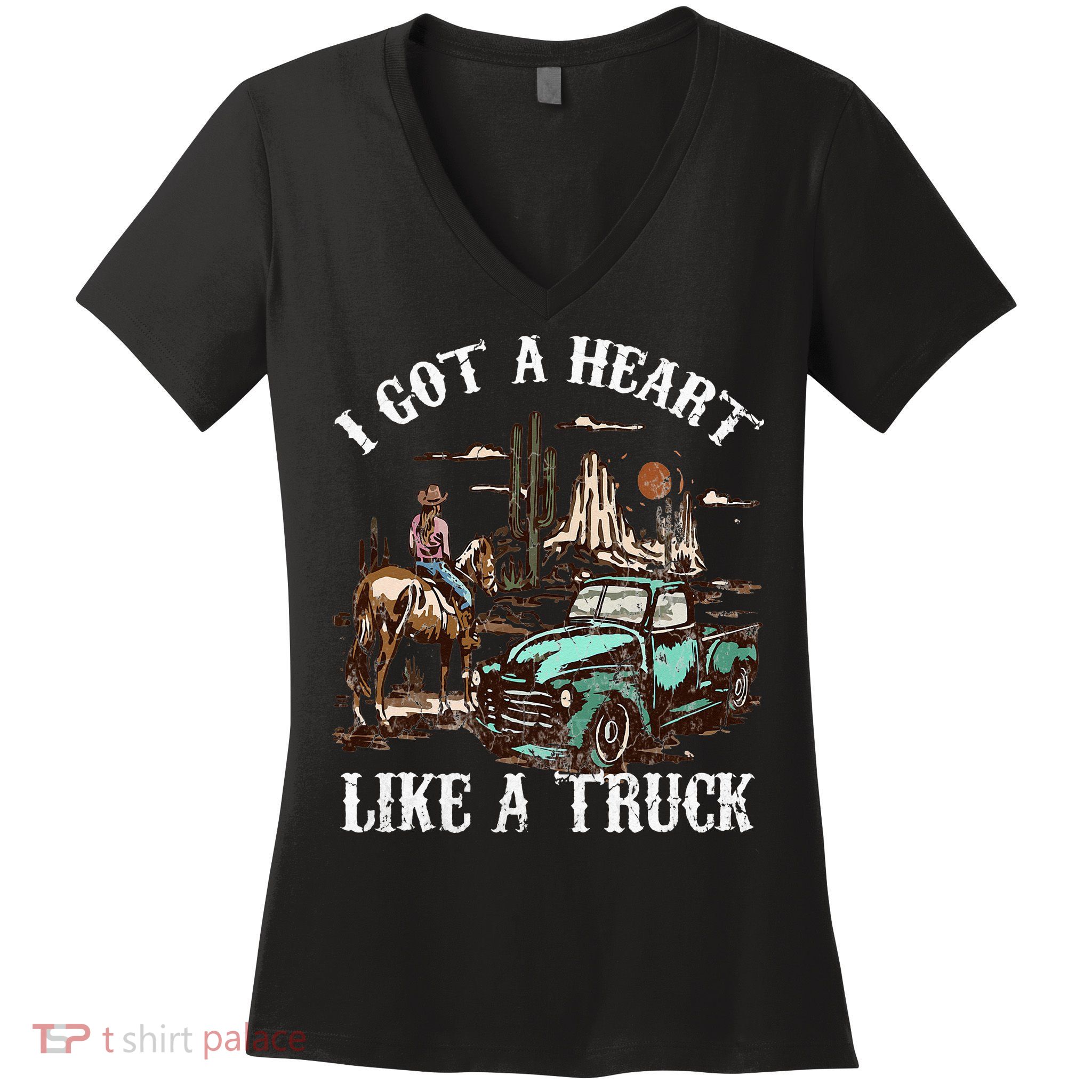 Western Sunset Cow I Got A Heart Like A Truck Vintage Women's V-Neck T-Shirt