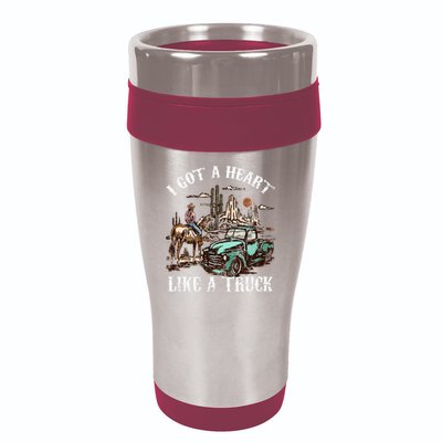 Western Sunset Cow I Got A Heart Like A Truck Vintage 16oz Travel Tumbler