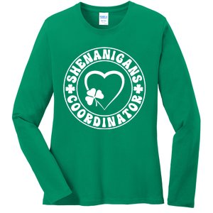 Women's Shenanigans Coordinator White Heart Shamrock St Patricks Day Ladies Long Sleeve Shirt