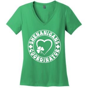 Women's Shenanigans Coordinator White Heart Shamrock St Patricks Day Women's V-Neck T-Shirt