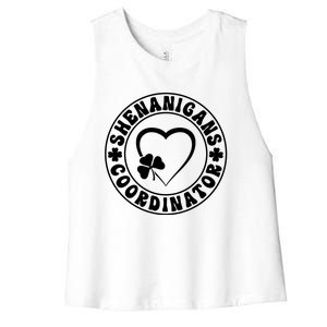 Women's Shenanigans Coordinator White Heart Shamrock St Patricks Day Women's Racerback Cropped Tank